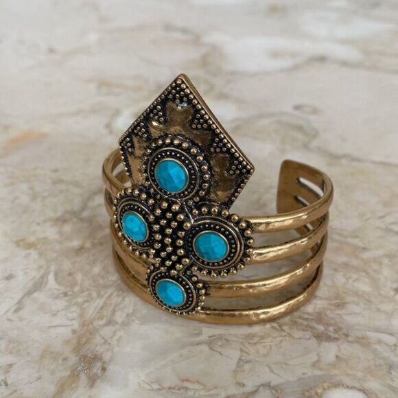 Lucky Brand Gold Tone Faux Turquoise Boho Cuff Style Bracelet - Picture 3 of 9